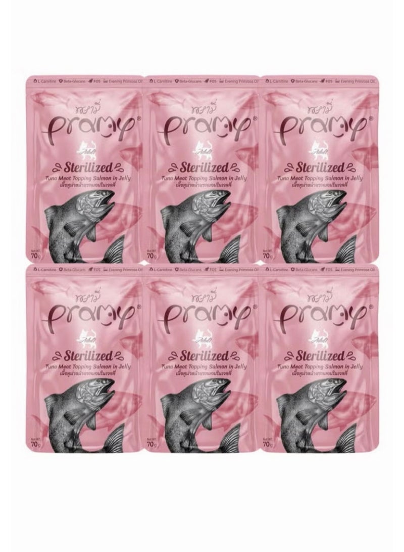 Pramy Tuna and Salmon Jelly Wet Cat Food for Sterile Cats - 6 70g envelopes - Fortified with L-Carnitine, Beta Glucan, and Primrose Oil for Weight Management and Public Health - Luxury Wet Food for Sterile Cats - Image 1
